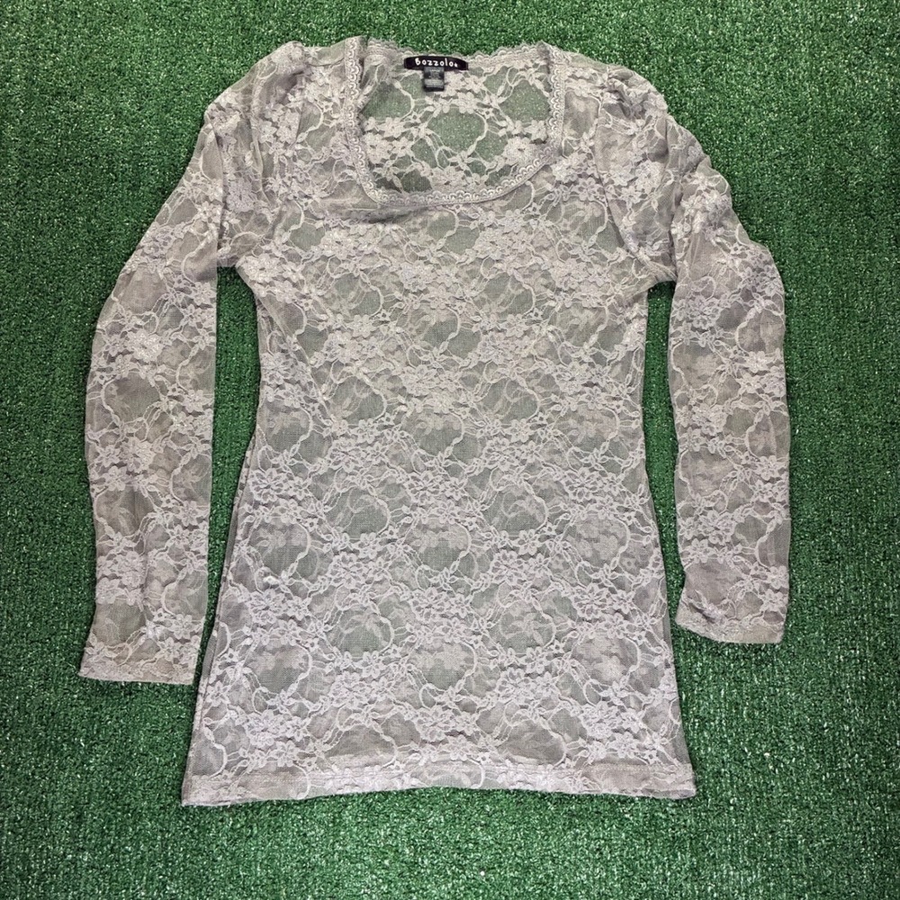 Y2K Bozzolo Grey Floral Lace Long Sleeve Top
